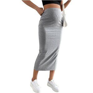 Women's Skirt Rib Knit High Waist Long Skirt Light Grey
